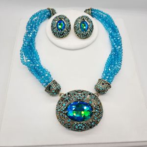 Vintage Gericht Stil Strass Halskette Übertrieben Luxus Mehrschichtige Blaue Kristall Perlen Halskette Mode Frauen Partei Schmuck