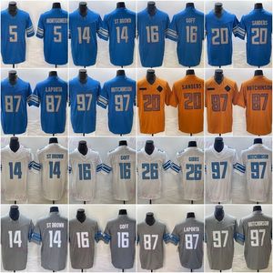 Brown 14 Jahmyr Gibbs 26 Camisa de futebol Sam LaPorta 87 Barry Sanders 20 Jared Goff 16 Brian Branch 32 David Montgomery 5 Azul Branco Cinza Fusível