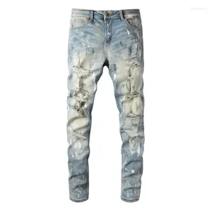 Jeans masculinos streetwear moda magro remendos angustiados calças magras estiramento high street danificado buracos remendo rasgado