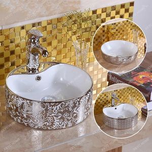 Bathroom Sink Faucets Silver Table Basin Wash Round Ceramic With Faucet Hole Household Cabinet Washbasin