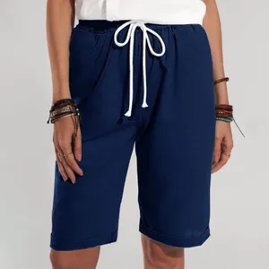 Shorts femininos verão moda algodão e linho cor sólida amarrada corda cinco pontos senhoras
