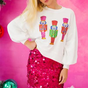 Suéter feminino com estampa brilhante, gola redonda, manga comprida, moletom com capuz, casual, roupas de festa de férias 240118