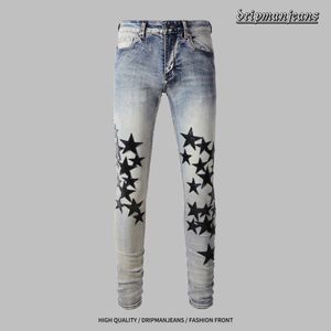 Jeans masculinos retrô de tendência europeia e americana, couro com remendos de estrelas, bordado vintage lavado com água, calças hip-hop rap drill, calças compridas estilo gotejamento de grife