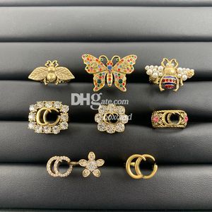 Flower Butterfly Diamond Rings New Trend Colorful Crystal Open Rings Double Letter Gold Plated Charm Rings With Box Sets