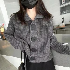 Frauen Strick Koreanischen Stil Lose Taste Wolle Gestrickte Mantel Mode Drehen Unten Kragen Langarm Strickjacke Solide Jacke Pullover 29699