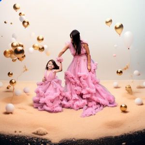 Puffy Pink Mutter und Tochter passende Kleider für den Familienlook V-Ausschnitt Rüschen mehrlagig Fotoshooting Mutter und ich Abendoutfits