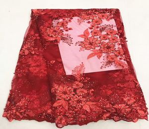 5 Y/PC Sıcak Satış Kırmızı Nakış French Net Dantel Kumaş Ren ve Boncuklar ile Çiçek Afrika Mesh Dantel Elbise LJ28-79551200