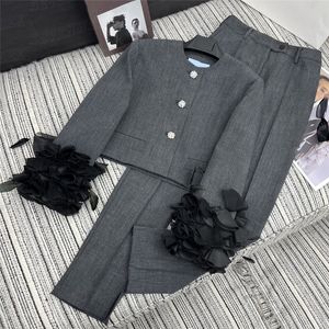 Croped Jacket Rhinestone Button Dresses Split Suit Pants For Women Design Sleeve Blazer High Grade Lady Dress Outerwear