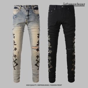 American Street Hip-Hop Men's Jeans with Skull Patchwork, Embroidery, Vintage Wash, Distressed, Elastic Slim Fit, Rap Pants, Designer Long Pants with Drip Style