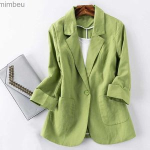 Damen-Anzüge, Blazer, Baumwoll-Leinen-Blazer, Jacke, Damen-Sommer-Outwear, hochwertiger, solider Single-Button-Kerb-Blazer, Anzüge, Dreiviertel-Ärmel, TopL240118