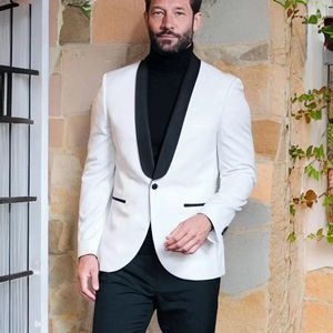 Men's Suits White Gentlemen Blazer Single Breasted Black Shawl Lapel One Button Skinny Full Set Luxury 2 Piece Jacket Pants Slim