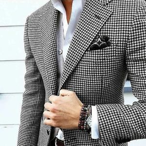 Italiensk stil Men Blazer Houndstooth Casual Man Suit Jacket hackad Lapel Check Wedding Coat för Prom Party 240117