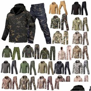 Taktiska jackor Softshell utomhusjacka byxor Set Woodland Hunting Shooting Clothing Tactical Camo Coat Combat Camouflage Windbreak Dhamj