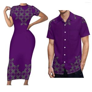 Casual Dresses Summer Women'S Crew Neck Dress Party Tight Sexy Long With Men'S Aloha Shirt Polynesian Matching Couple Suit