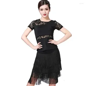 Stage Wear Mulheres Latina Salsa Ballroom Dance Dress Sexy See-through Lace T-shirt Top e Cintura Elástica Franja Saia 2 Peças Outfits