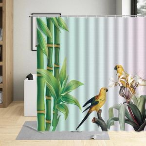 샤워 커튼 열대 새 앵무새 대나무 꽃 식물 패턴 욕실 장식 팜 잎 커튼 방수 목욕 고리 세트