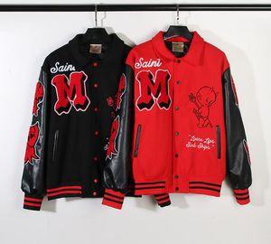 Modedesigner kläder casual rockar jacka ytterkläder saint michael vit jinging samma amerikanska helgon Michael läderärmar kvinnor/män basebolljacka kappa