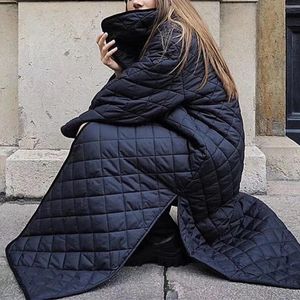 Parkas Women Quilted Argyle Silhouette Parkas Jacket Hem Slit Long Sleeve Turndown Collar Lady Loose Midi Coat