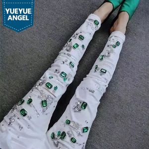 Vintage Green Diamonds Mid Waist Womens Casual Jeans Female Trousers Fashion High Quality Skinny Stretch Pencil Pants Hole 240117