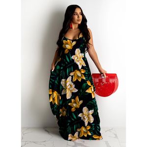 Fresh Floral Print Dress Summer European American Style Spaghetti Strap Maxi Dress Loose Fit A-Line High Waist Design Multiple Colors Available