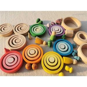 Sortera häckning Stapling Toys Kids Rainbow Wood Nest Rings Otillverkande Beech Stacking Blocks Creative Loose Parts Montessori Toys 240118