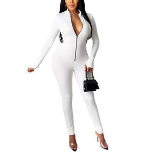 Capris Women Solid Jumpsuit Zipper Fitness Playsuit Sportswear V Neck Front Long Sleeve Fitness Rompers Playsuits