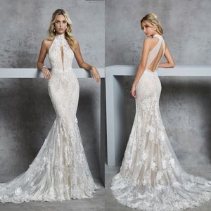 Chic Lace Mermaid Wedding Dresses High Collar Bridal Gowns Backless Appliques Sleeveless Bride Dresses Custom Made