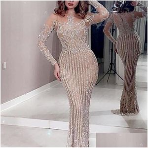 Basic & Casual Dresses Casual Dresses 2023 Woman Vintage Formal Dress Y O-Neck Sequins Gowns Hollow Long Sleeve Applique Elegant Merm Dh9Pg