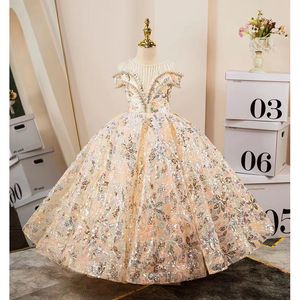 First Holy Communion Princess Sparkly Flower Dresses Lace Ball Gown Birthday Wedding Party Pearls Beaded Prom Toddler Girl Pageant Dress 403