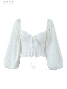 Women's Blouses Shirts YENKYE Sexy Women Lace Spliced White Crop Blouse Vintage Lantern Sleeve Back Bandage Backless Ladies Summer Tops YQ240118