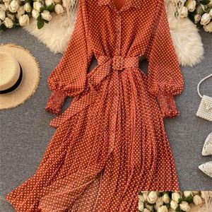 Basic & Casual Dresses Spring And Summer French Vintage Maxi Dress Sundress Ladies Long Sleeve Orange Polka Dot Chiffon Pleated Dress Dhkpu