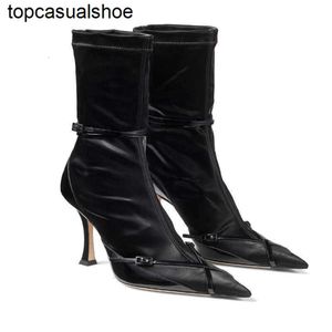 JC Jimmynessity Choo Elastic Boots Style Buckle New Punk Short Fino Alto salto alto pontão de bombas de inverno preto Sexy Sapatos femininos Tamanho grande