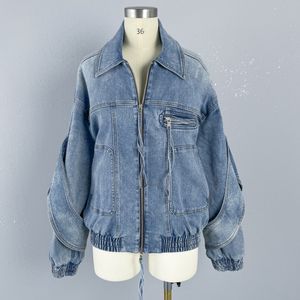 OC468M56 Spring Loose Denim Jacket Women's Cotton Casual Lapel with Holes Stonewashed for Fashion Coat