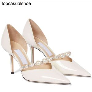 Jimmyness Choo pumps Luxury 65mm women shoes Aurelie high heels heeled patent leather pointed tip Pearl Decoration Ladies Single Shoe Lady's wedding dress EU35-43