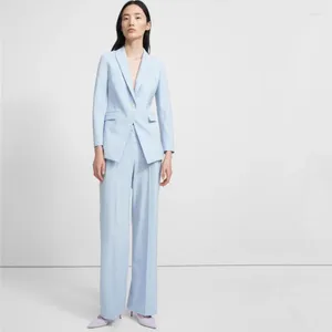 Pantaloni a due pezzi da donna Abiti da donna azzurri Set Giacca a un bottone con tailleur pantalone da donna da ufficio stile fresco a gamba larga Realizzato su misura