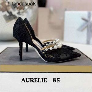 JC Jimmynesty Choo Aurelie Sandals Sandals Design Buty Kobiety koronkowe skórzane pompki Pearl Eksperabilowanie Suknia ślubna Wysokie obcasy Czarne białe EU35-43