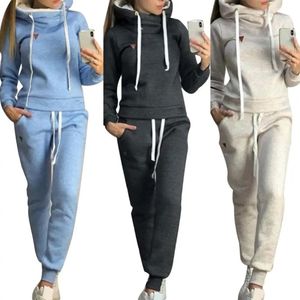 Mulheres Casual Moletons 2 Pcs Jogging Terno Cor Sólida Tracksuits Fleece Forrado Hoodies Calças Definir Feminino Roupas Grossas Pulôver 240117