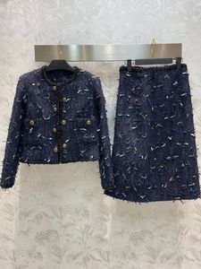 Fashion Tassel Designs ALine Skirt Sets For Women Outfit High Quality Navy Blue Tweed Jacket Retro 2 Piece Suits Lady 240118