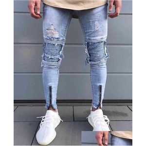 Män jeans nya män hiphop blixtlås rippade cyklist jeans mode smal fit motorcykel dog hål mager denim joggar droppleverans uppenbar