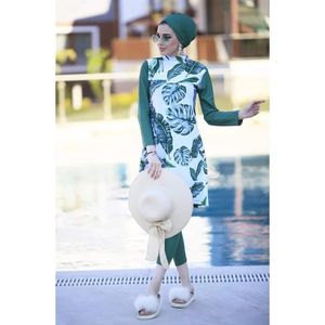 Costume da bagno musulmano Donna Stampato Stretch Copertura integrale Hijab Maniche lunghe Sport Nuoto Togs 3 pezzi Lslamic Burkinis Wear Costume da bagno 240117