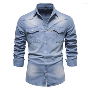 Männer Casual Hemden 2024 Langarm Denim Hemd Frühling Herbst Baumwolle Top Tasche Dekoration Revers Knopf Cargo Plus Größe 4 Farbe