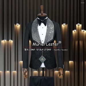 Men's Suits Royal Groom Custom Tuxedos Formal Weddng Party Boyfriend Clothing Crystals Beading Lapel Fit Slim 2 Pieces Dress