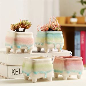 10PC Nordic Style Flow Glaze Ceramic Pot Colorful Cactus Plant Home Garden Decoration Small Colorful Plant Pot 240118