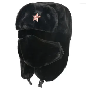 Berets Winter Warm Faux Fur Bomber Hat For Men Soviet Army Military Badge Caps Male Thermal Earflap Cap Russia Women