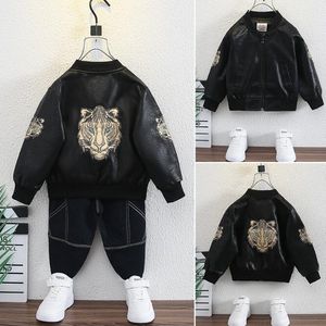 Kinder-Designer-Kleidung, Jungen-Lederjacke, Tigerkopf-Stickerei, Motorradjacken, Kindermantel