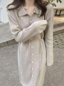 Casual Dresses Women Korean Fashion Oversize Sweater Maxi Dress Single Breasted Elegant Commute Party Women's Lace Knit E484