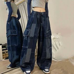 Kvinnors jeans nationella tidvatten amerikanska retro jeans verktyg löst bred ben mopping blommor blå casual byxor streetwear y2k kvinnor denim pantsephemeralew