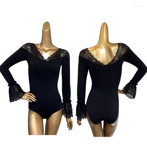 Stage Wear Latin Dance Tops Black Lace V Neck Long Sleeves Leotard Women Practice Clothing Rumba Clothes Cha Shirt DNV19194