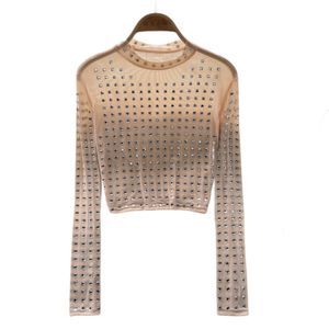 Women's rhinestones slim short perspective mesh long sleeve T-shirt