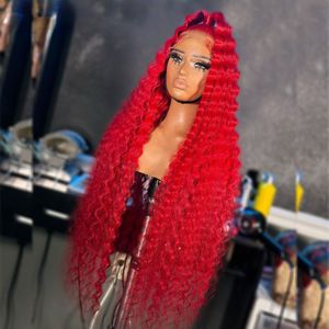 Cor vermelha peruana 180% onda de água frente do laço perucas de cabelo humano preplucked laço transparente 13x4 frontal perucas encaracoladas sintéticas para mulher